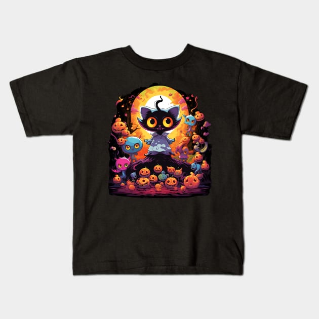 Neo-Pop Enchantment: Halloween Cat Amidst Whimsical Mushrooms Kids T-Shirt by naars90